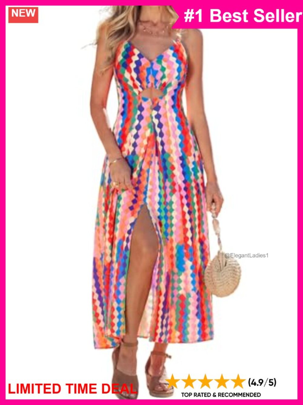 Boho V-Neck Cutout Maxi Dress Slit Beach Vacation Sleeveless Pockets